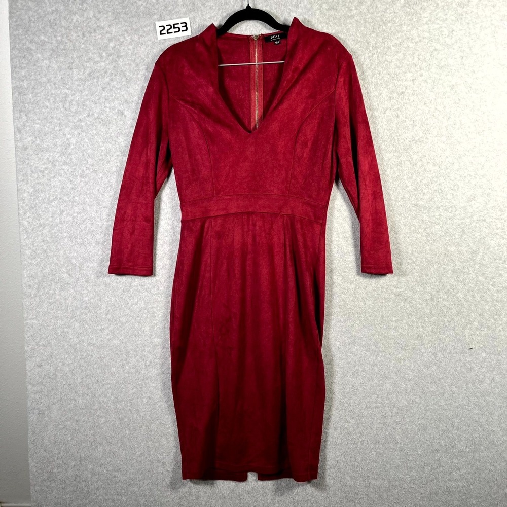 Privy Bodycon Dress Womens Large Burgundy Stretch Faux Suede V Neck Back Zip
